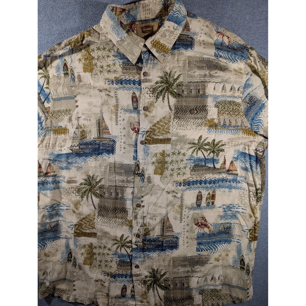 The Foundry Supply Co Shirt Mens 2XLT Beige Blue Hawaiian Aloha Short Sleeve